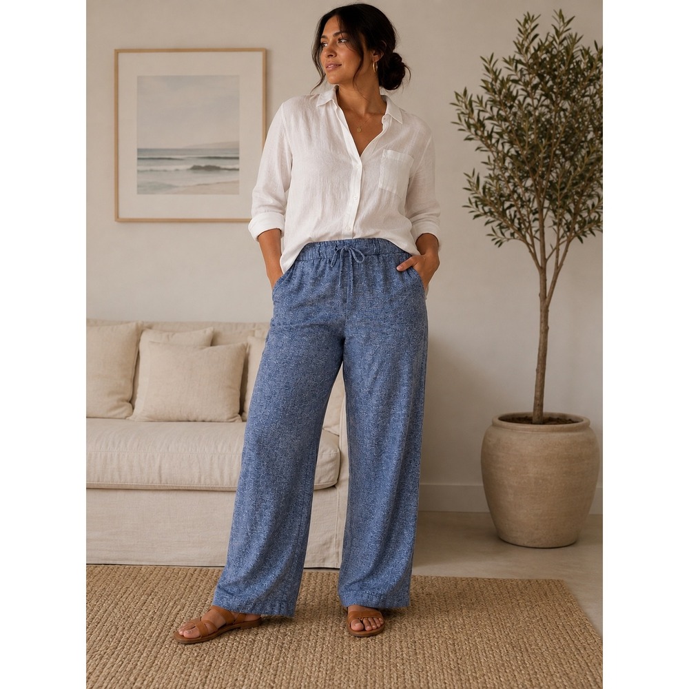 Old Navy Blue Linen Blend Wide Leg Drawstring Pants Tall Medium Minimalist